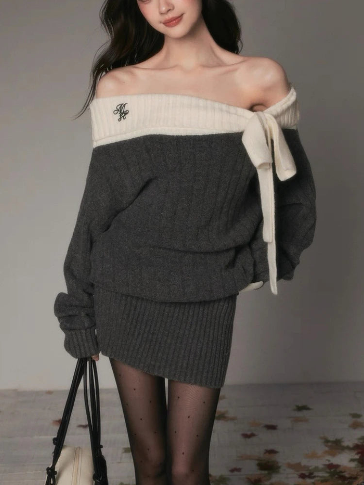 Vintage Off Shoulder Knit Dress Women Autumn Winter Sweet Style Long Sleeve Bow Design Dress Thick Warm Elegant Fashion Outfit