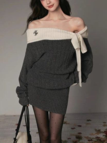 Vintage Off Shoulder Knit Dress Women Autumn Winter Sweet Style Long Sleeve Bow Design Dress Thick Warm Elegant Fashion Outfit