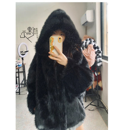 Nerazzurri Autumn Winter Oversized White Black Warm Shaggy Hairy Faux Fur Coat Women with Hood Loose Casual Fluffy Jacket 2023