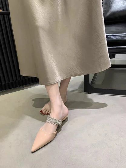 Luxury Crystal Women Slippers Pointed Toe Mules Shoes Elegant Heeled Sandals New Party Slingabck Flip Flops Elegant Mujer Shoes