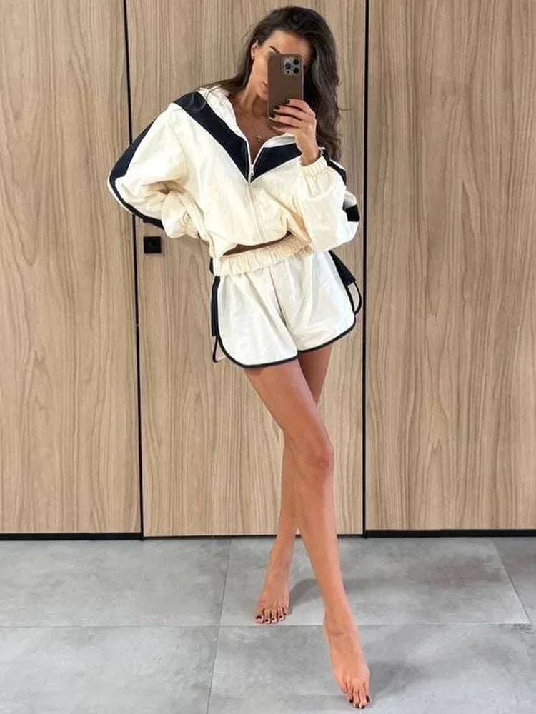 Chevron Stripe Windbreaker Tracksuit Women Casual Zip Cropped Jacket Contrast Trim Shorts Suit Lady Daily Jogging Street Outfit
