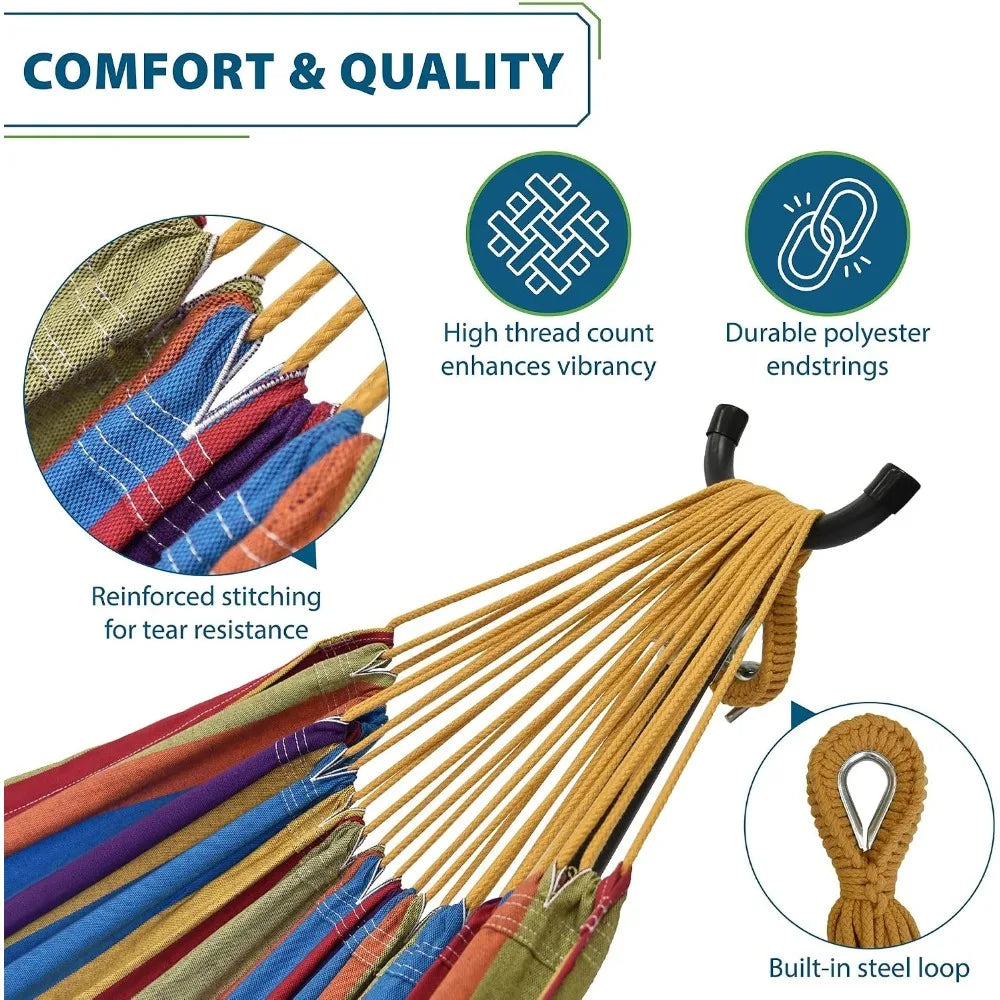 Double Cotton Hammock with Steel Stand, 450 lb Capacity, Portable with Carry Bag