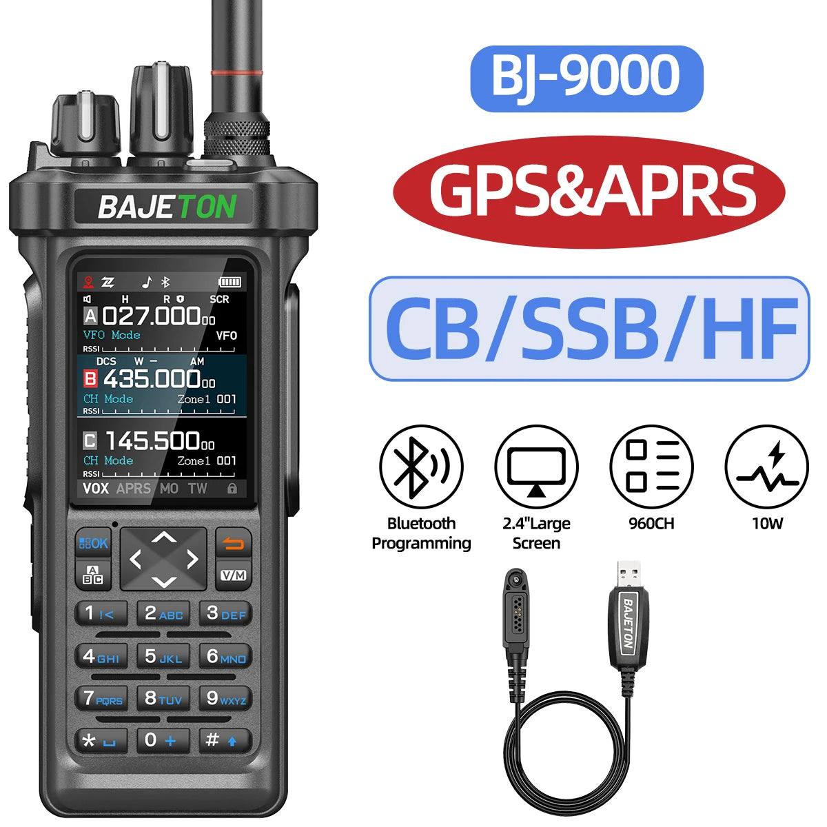 BAJETON BJ-9000 Walkie Talkie CB/SSB/RX/HF Receiver with GPS APRS 10W Bluetooth Phone Programming Same RT-950 PRO RT -950 Radio