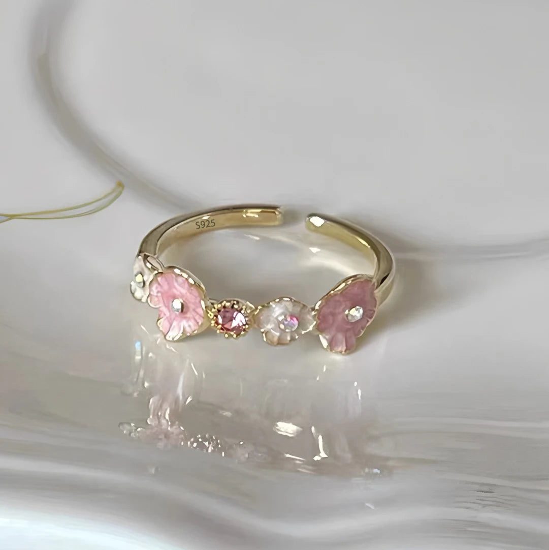 PANJBJ 925 Sterling Silver Golden Flower Rings For Women Drip Glaze Plant Irregular Adjustable Sweet Jewelry Gift Dropshipping