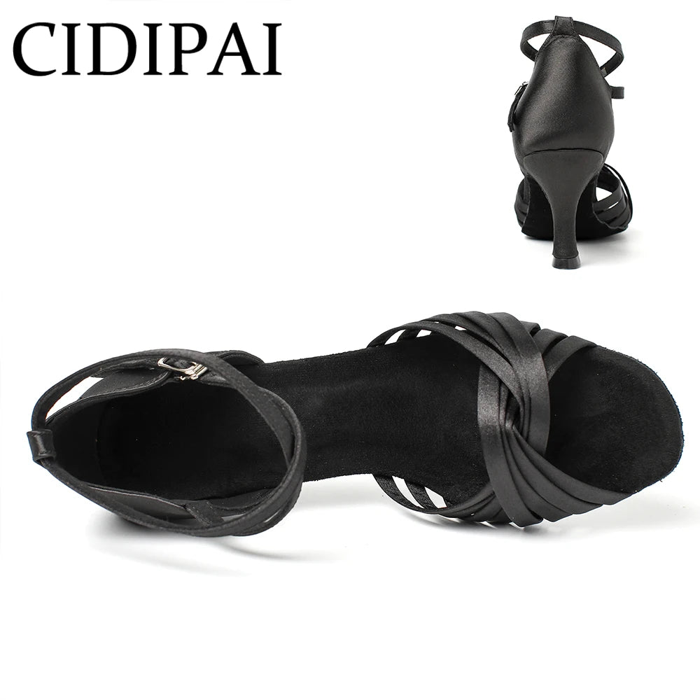 CIDIPAI Black Silk Satin Latin Dance Shoes For Women Latex Soft Soled Ballroom Tango Salsa Dance Shoes Indoor Party Shoes