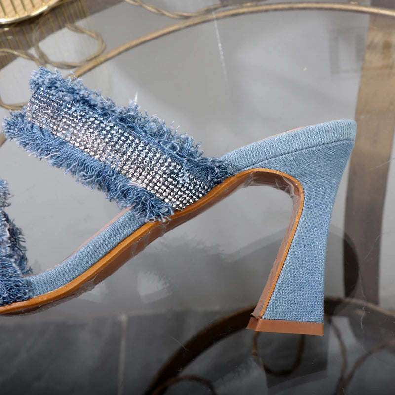 Denim women slippers 2025 new rhinestone plush stiletto heels women outdoor fashion women's slippers Luxury elegant women shoes