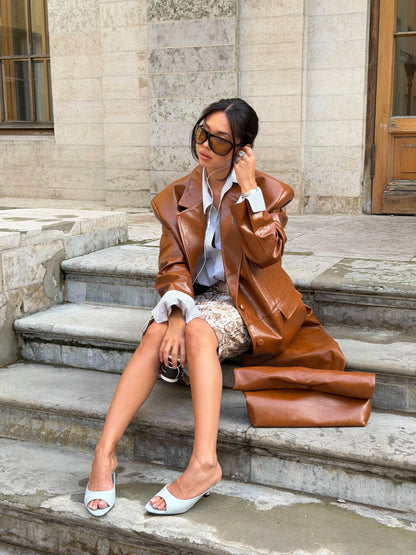 Women Brown Croc Embossed Faux Leather Maxi Trench Coat Lapel Single Breasted Straight Long Front Pockets Vintage Autumn Winter
