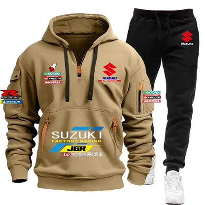 2026 Suzuki Men's Hoodie, Half-Closed Front Multi-Pocket Sport Shirt + Athletic Pants Two-Piece Set for Cycling, Running and Mot
