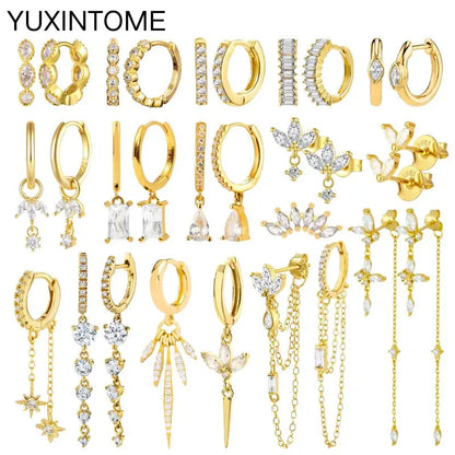 White Color Zircon Hoop Earrings 925 Sterling Silver Needle Cross/Star/Flower/Water Drop Pendant Gold Earrings Luxury Jewelry