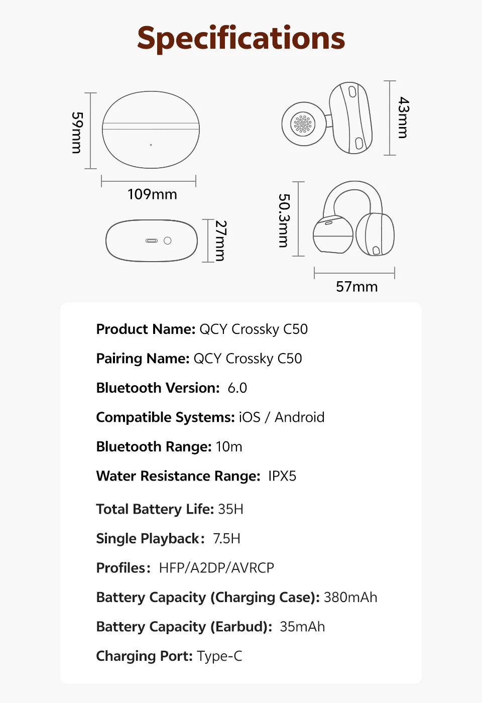 QCY CT06 Clip On Earbuds Crossky C50 Open Ear Wireless Bluetooth 6.0 Headphones with 4 Mic 35H Earbuds Comfortable for Running