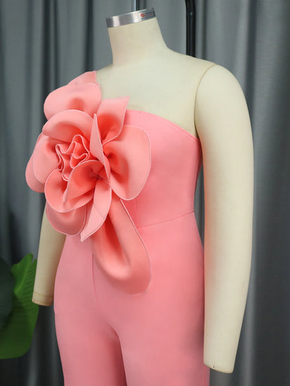 Women One Shoulder Jumpsuit Big Flowers Long Sexy Backless High Waist  Wide Leg Straight One Piece Classy Evening Party Rompers