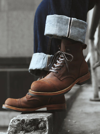 Retro American Amekajie  Boots Large Head High Top Worn Color Work Boots Motorcycle Style Youth Low Heel