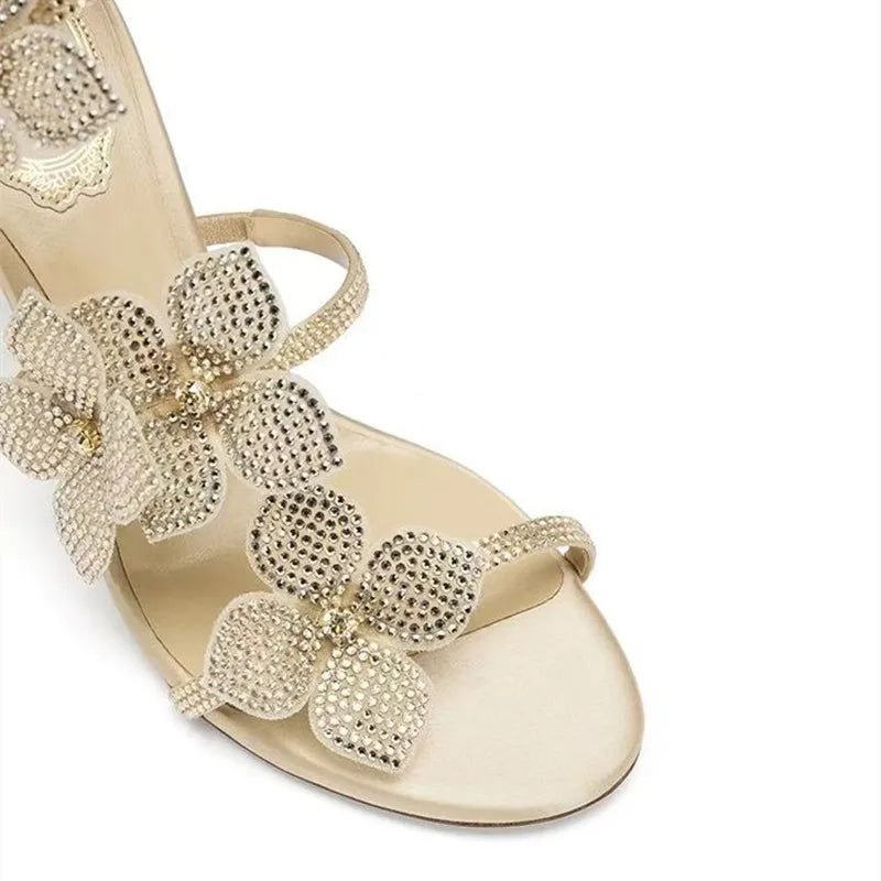 Luxury Rhinestones Flowers Women Gladiator Sandals Sexy Snake Twine Ankle Strap High heels Summer Wedding Prom Shoes Sandalias