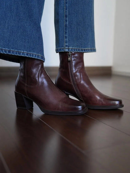 Elegant Office Ladies Chunky Heels Genuine Leather Short Boots Square Toe New Designer Shoes Women Vintage Cowhide Ankle Boots