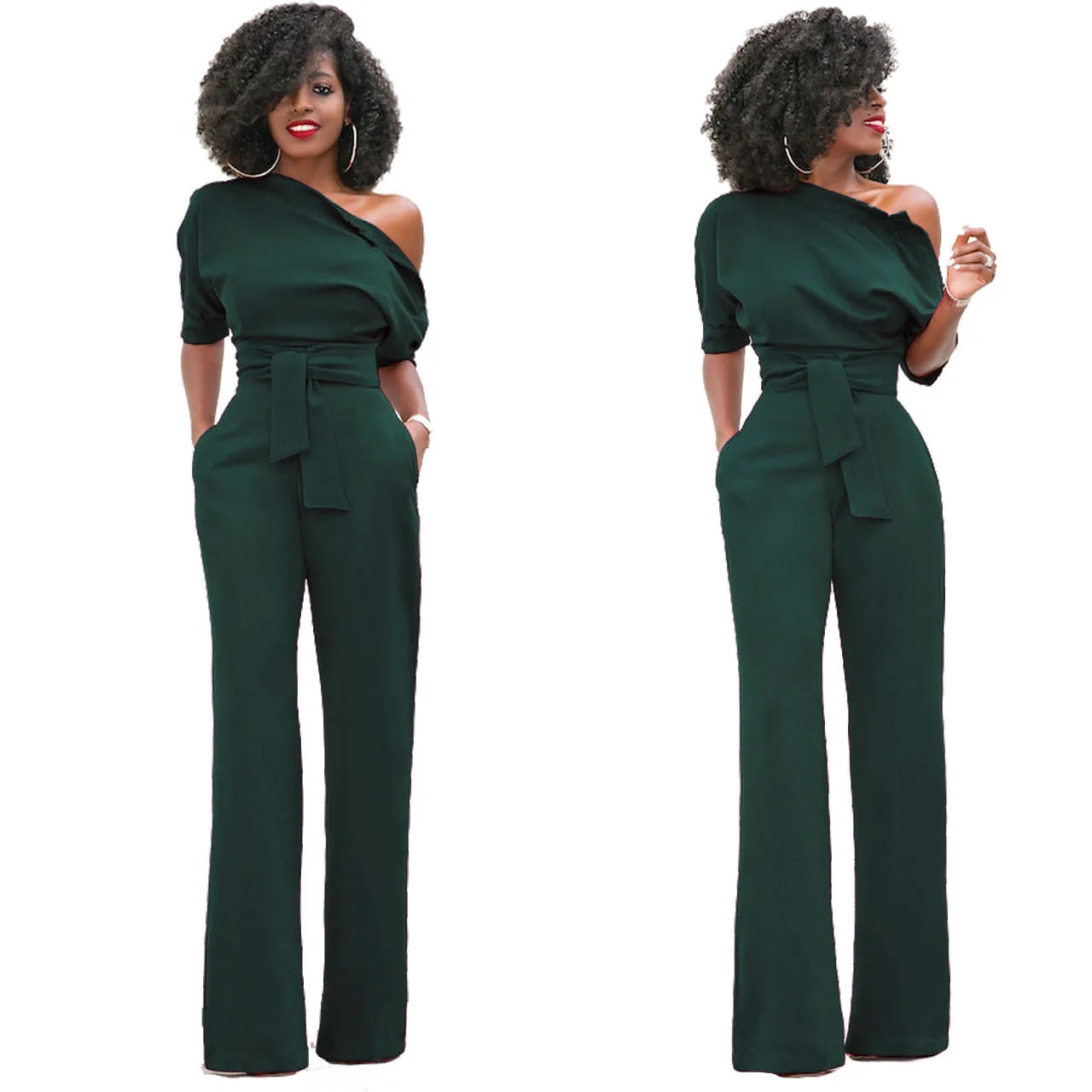 2024 Summer New Fashion Women's Jumpsuit Solid Color Slanted Shoulder Elegant Temperament Sleeveless Long Wide Leg Jumpsuit