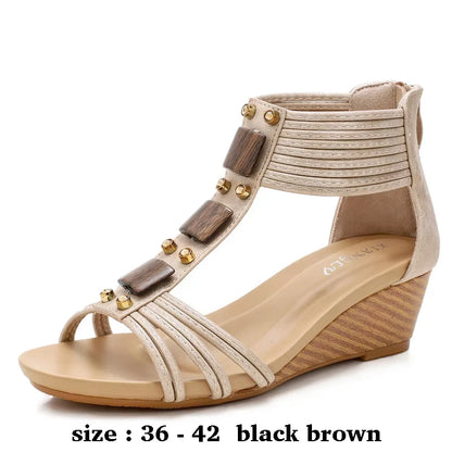 High quality leather flat sandals for women 5cm mid heel with beading summer 2026 36 42 open toe casual vintage shoe black beige
