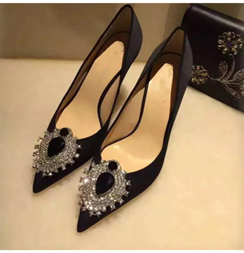Luxury Diamond Crystal Satin Women Pumps Elegant Pointed toe Stiletto High heels Spring Autumn Fashion Wedding Banquet Shoes