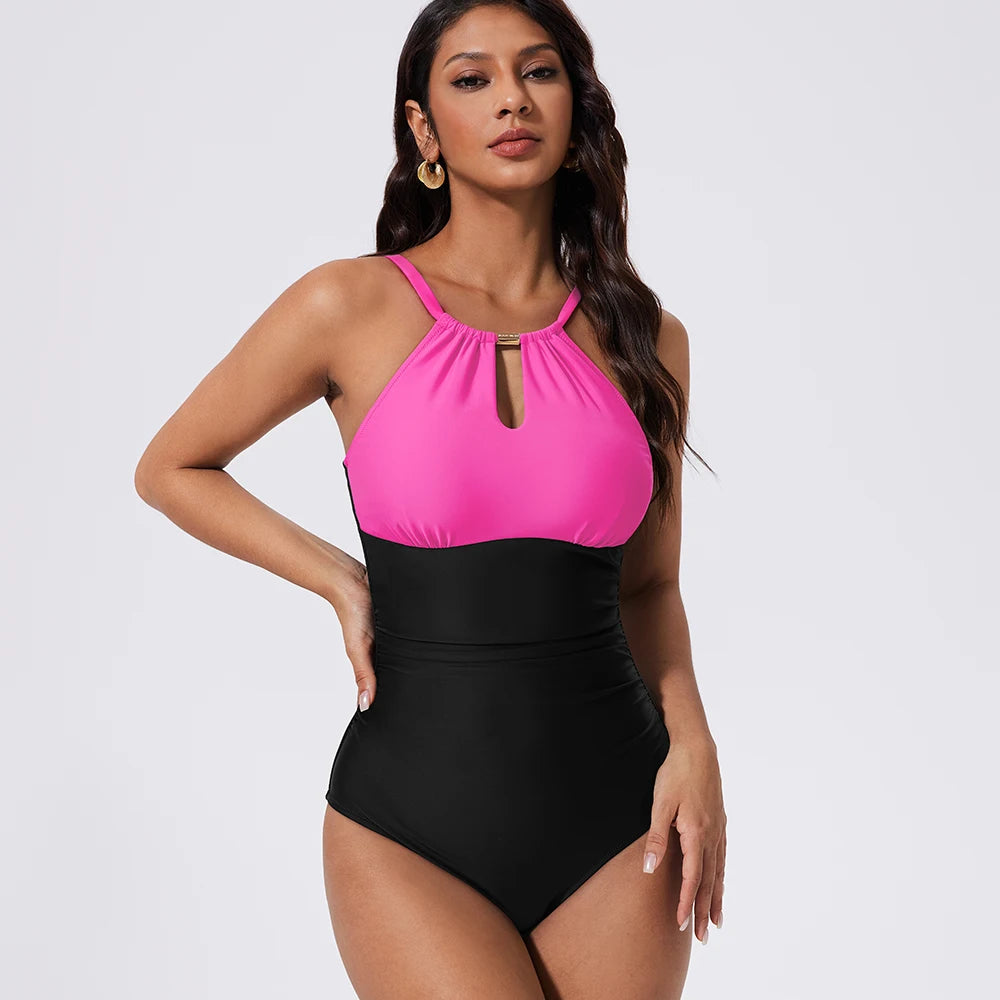Women's One Piece Swimsuits High Neck Tummy Control Retro Bathing Suits Monokini Solid Summer Swimwear Beachwear Female