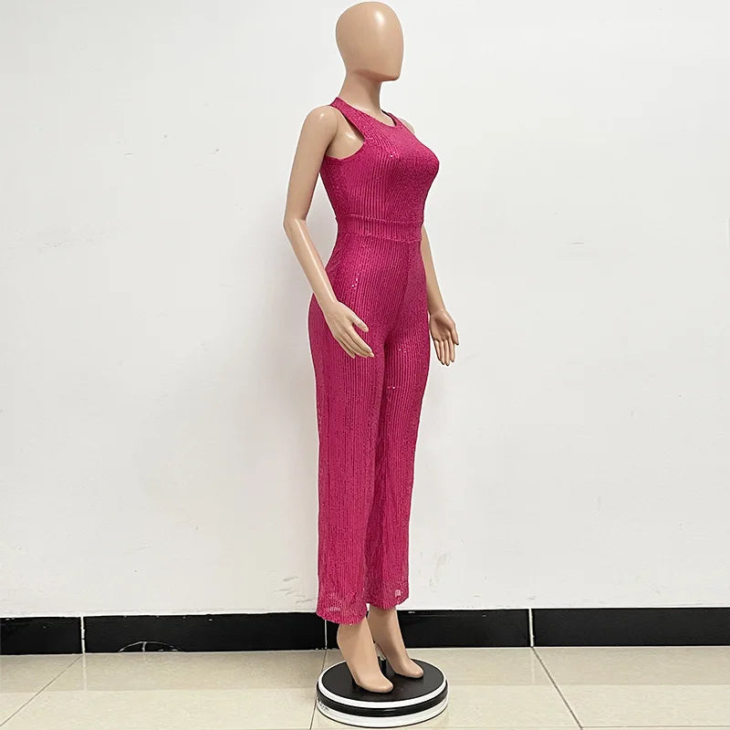 Bling Bling Sequined Club Jumpsuit Sexy Women O-neck Elegant Shiny Sliver Gold Sequins Straight Romper Overalls