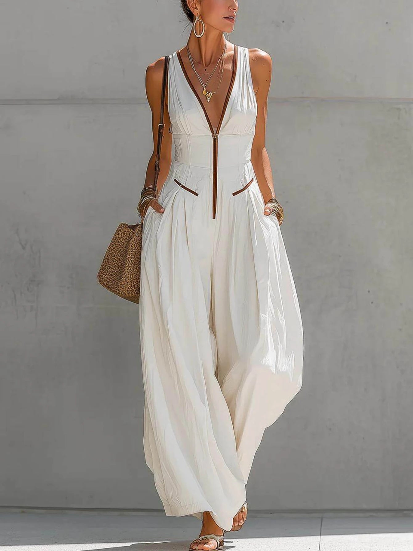 Women's Deep V Neck Sleeveless Front Zip Pocket Wide Leg Jumpsuit For Street Travel Daily Weekend Casual Fashion Occasions