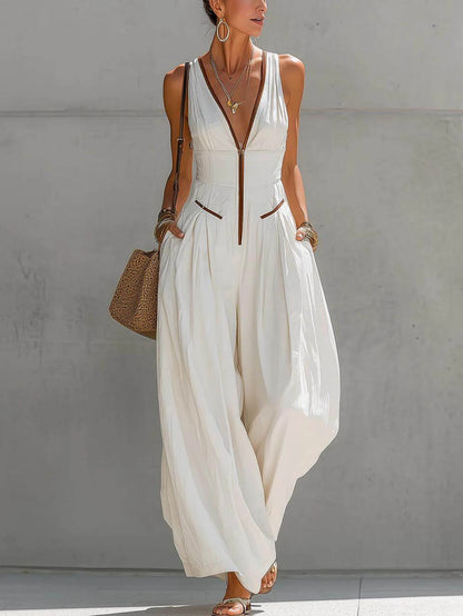 Women's Deep V Neck Sleeveless Front Zip Pocket Wide Leg Jumpsuit For Street Travel Daily Weekend Casual Fashion Occasions