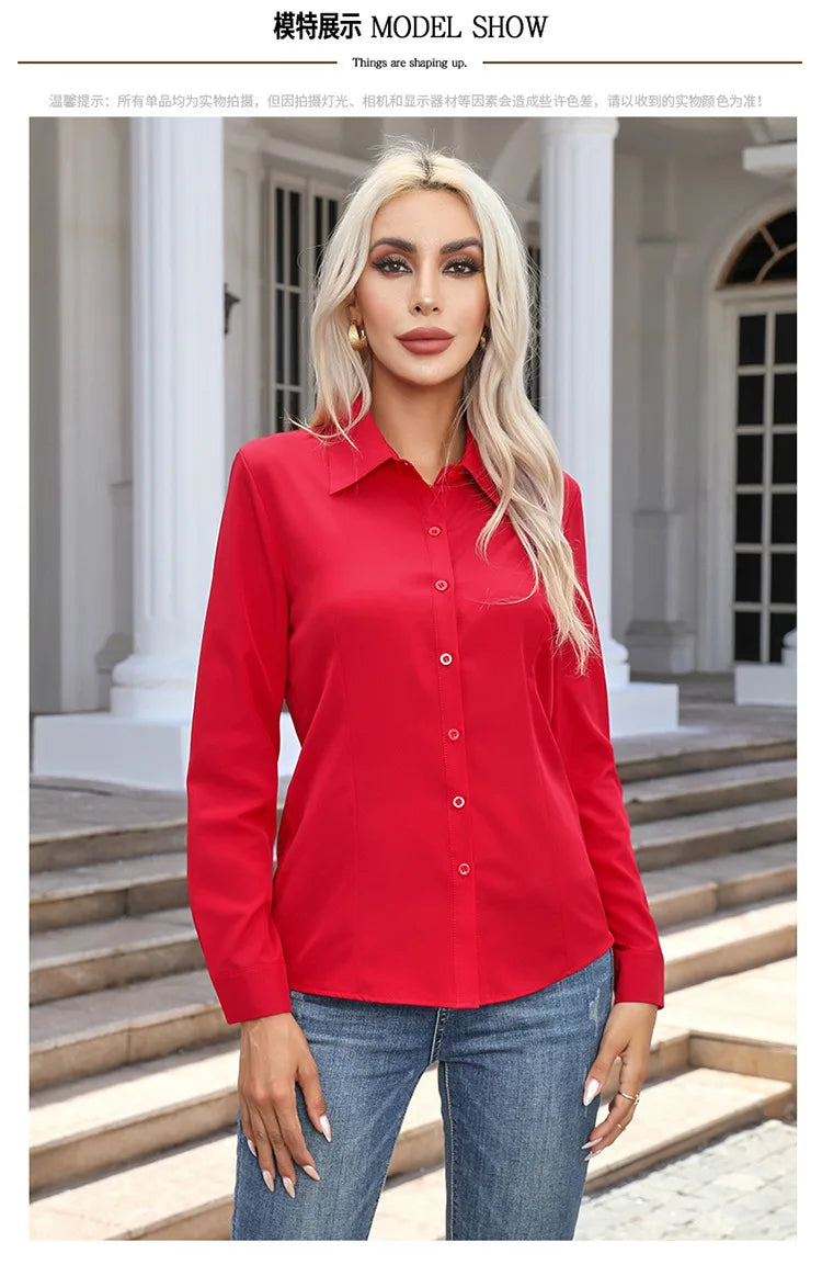 Women Elegant Solid Button Shirt Chiffon Blouse Spring Summer Casual Solid Long Sleeve Turn Down Collar Tunics OL Shirt Tops