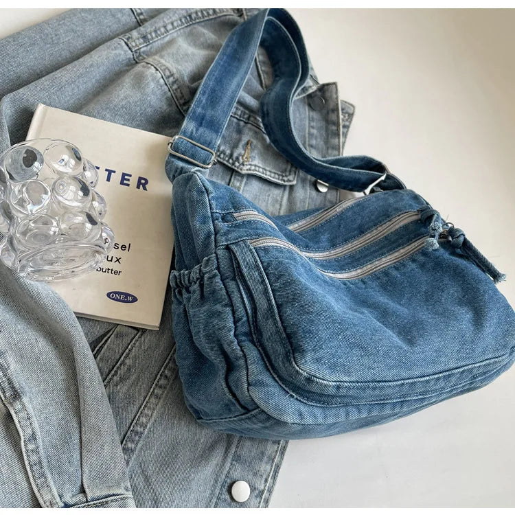 Vintage Denim Women's Shoulder Bag Large Capacity Messenger Bag Multi-pockets Satchel Bags Adjustable Strap Ladies Crossbody Bag
