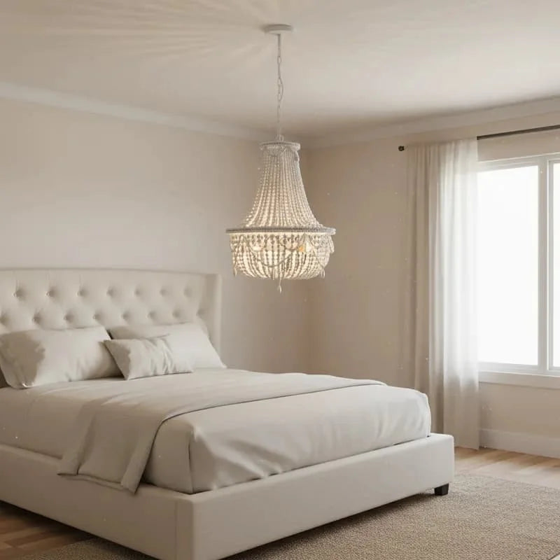 French Country white wood Bead Chandelier dining room bedroom princess Decorative chandelier 3/5 lights hanging light fixture