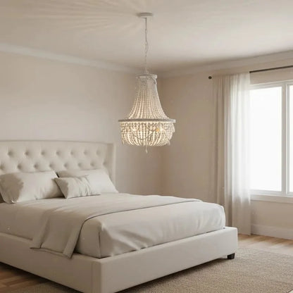 French Country white wood Bead Chandelier dining room bedroom princess Decorative chandelier 3/5 lights hanging light fixture