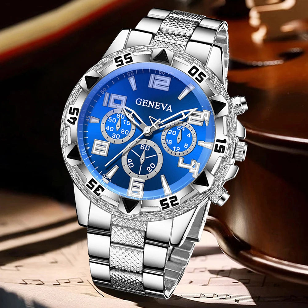 Geneva Three Eyes Blue Plate Men's Steel Belt Watch Blue and White Full Diamond Cuban Bracelet Two Piece Set,