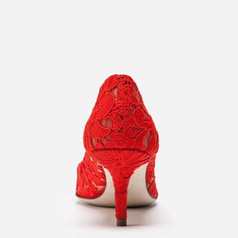 Mesh lace high-heeled shallow mouth shoes 2026 new pointed crystal buckle slim heel fashionable banquet women's single shoes