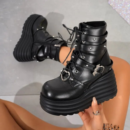 Women's Ankle Boots Round Toe High Platform Wedge Heel Lace-Up Side Zipper Gothic Punk Style Studded Strap Chunky Footwear 2026