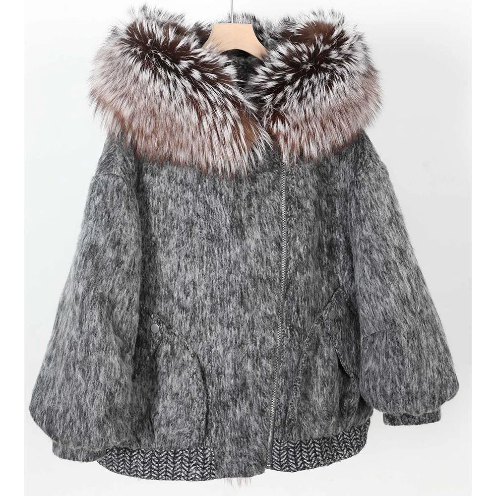 Maomaokong high-end Wool fabric Luxury Women's Big Fox Fur Collar Puffer Jacket Natural Fur down Coat Winter Thickened Warm