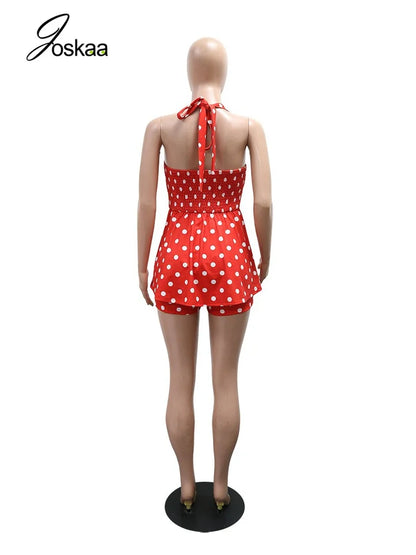 Joskaa Polka Dot Halter Bandage Rompers Women Sexy Low-cut Sleeveless Backless Bodycon Playsuits Y2k Streetwear Holiday Clubwear