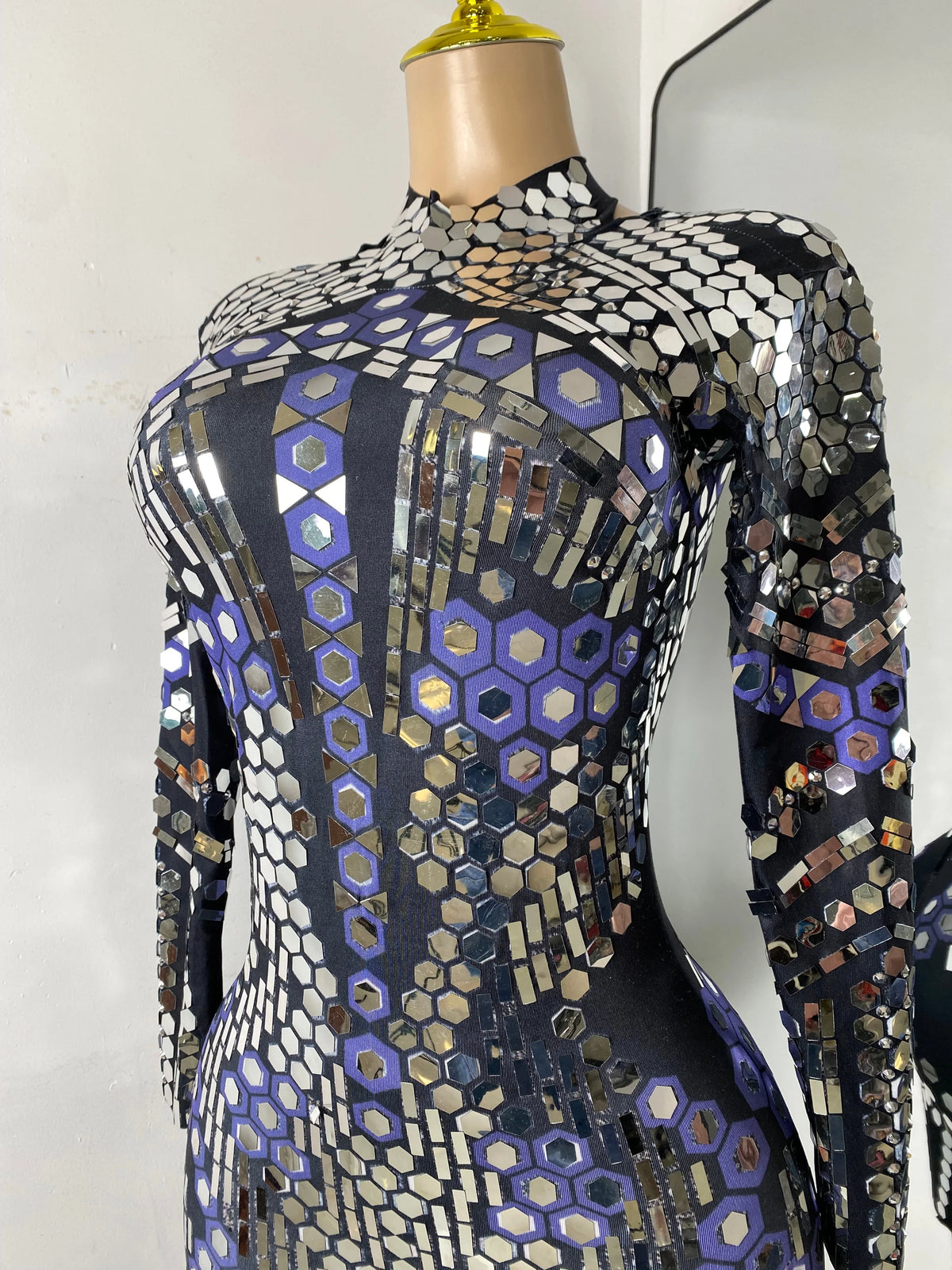 Women Sexy Spandex Tight Jumpsuit Long Sleeve Mirrors Cosplay Costume Nightclub Dancer Outfit Performance Stage Wear