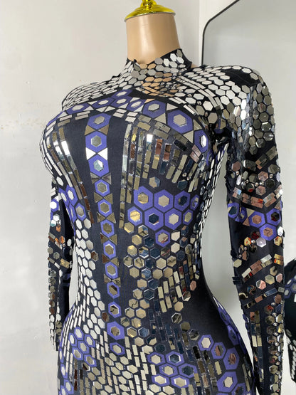 Women Sexy Spandex Tight Jumpsuit Long Sleeve Mirrors Cosplay Costume Nightclub Dancer Outfit Performance Stage Wear