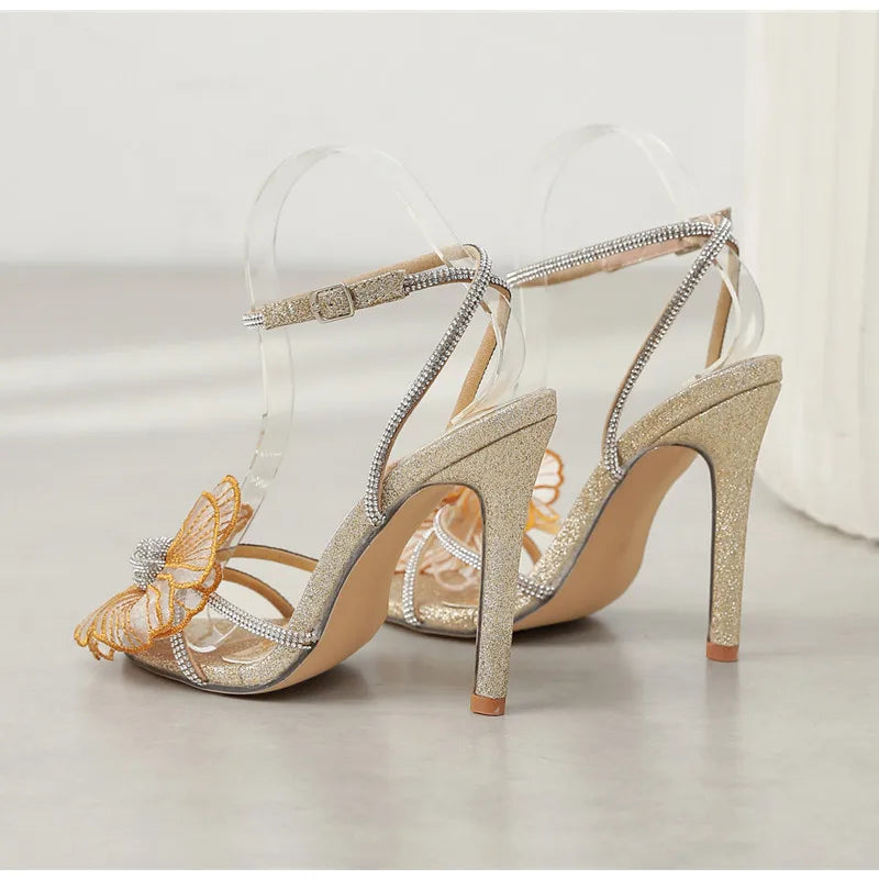 2025 Summer New brand Luxury Rhinestones Flowers Women Sandals Fashion Sequined Ankle Strap Stiletto High heels Female Shoes