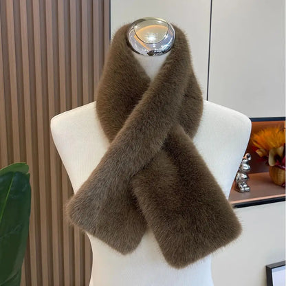 Korean Women Winter Warm Thicken Cross Collar Scarf Imitation Faux Rabbit Fur Scarf Solid Furry Neck Warmer Cold Proof Scarves