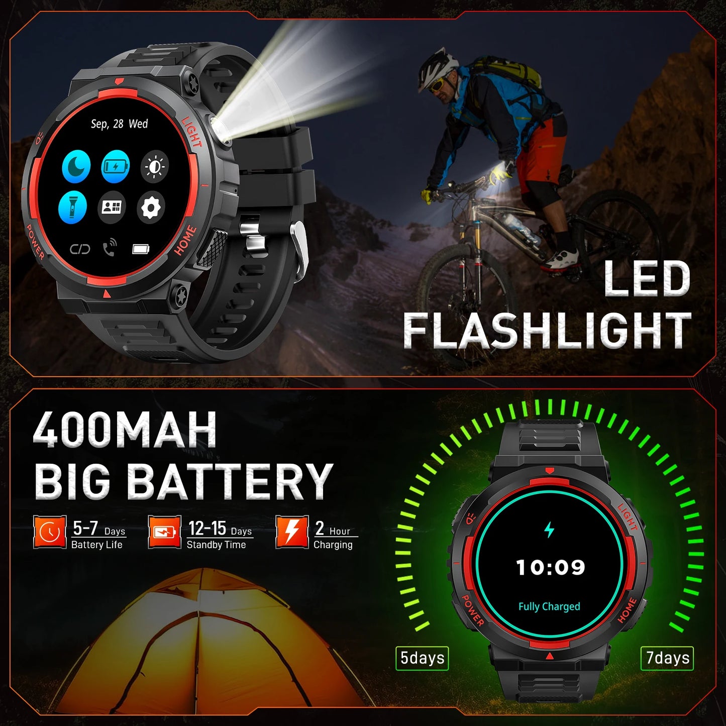 EIGIIS Smart Watches for Men with LED Flashlight 1.53" HD with 100+ Sport Modes Health/Sleep Monitor and 3ATM Waterproof Watche