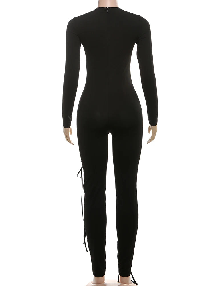 Sisterlinda Sexy Fashion Jumpsuits Woman o-Neck Full Sleeve Shirring Hollow Skinny Peach Hip Hot Girls Midnight Party Clubwear
