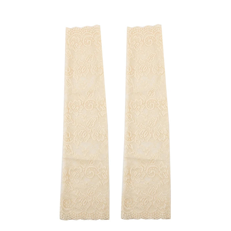 Women Summer Ice Silk Lace Arm Sleeve Elastic Sleeve Driving Gloves Black White Long Fingerless Mittens Sunscreen Gloves