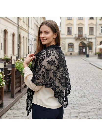 Women'S Lace Triangular Shawl, Breathable Floral Hollow Out Outerwear, French Retro Scarf, Commute Wedding All-Match