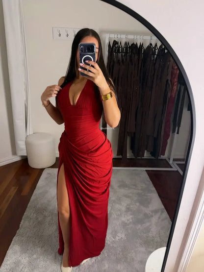 Sexy Solid Pleated Halter Dress Women Fashion Sleeveless Backless Waist-cinching Split Maxi Dresses 2026 Summer Lady Party Gowns
