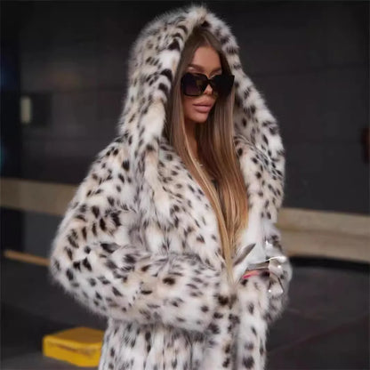 Trendy Multi-Color Leopard Print Hooded Faux Fur Coat for Winter Fashion
