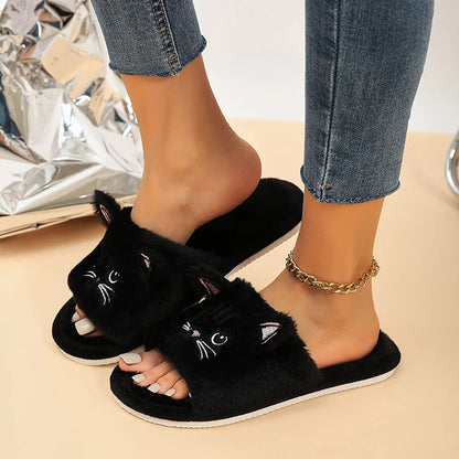 Casual Fluffy Slippers Women Home Flat Cat Cartoon Luxury Designer Shoes Girls Autumn Elegant Indoor Fashion Footwear Large Size