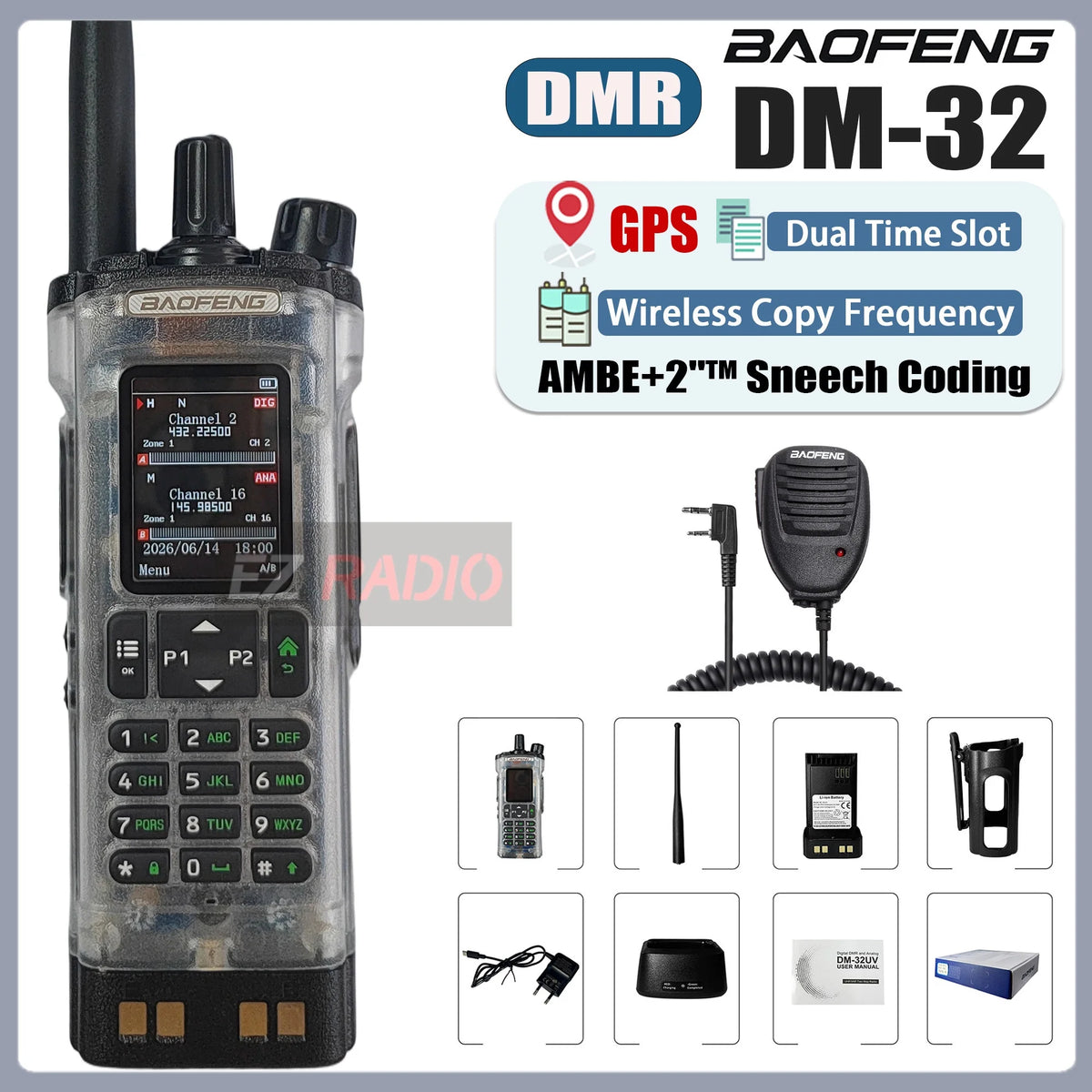 Transparent Baofeng Radio DM 32UV DMR Digital Wireless Walkie Talkie With AES256 Encryption For Long Range Secure Contact skiing
