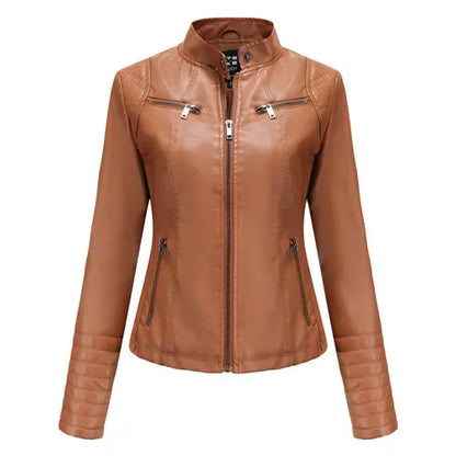 2026 Women's Bright Red V-neck Leather Jacket, Fashion Slim PU Coat, Black Short Outerwear Asia Size XS S M L XL XXL