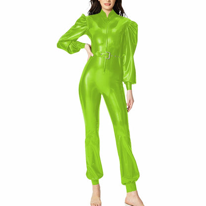 Plus Size Fashionable PVC Patent Leather Jumpsuit for Women Latex-look Clubwear Stand Collar Belt Puff Long Sleeve Slim Rompers
