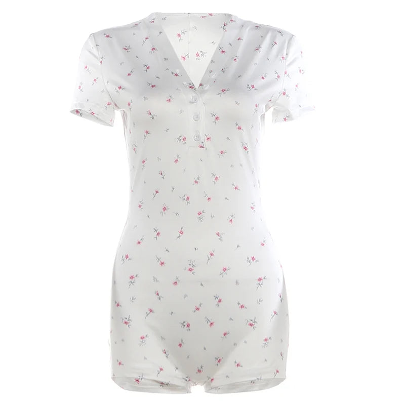 Weird Puss Floral Print Playsuit Women Casuals Simple Lace Patchwork Single-Breasted V-Neck Trend Chic Skinny Sporty Streetwear