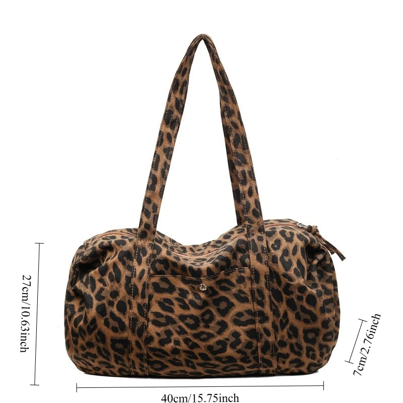 Trendy Leopard Print Canvas Shoulder Bag Large Capacity Fashion Tote Handle Bag for Daily Commute Versatile Texture Storage Bags